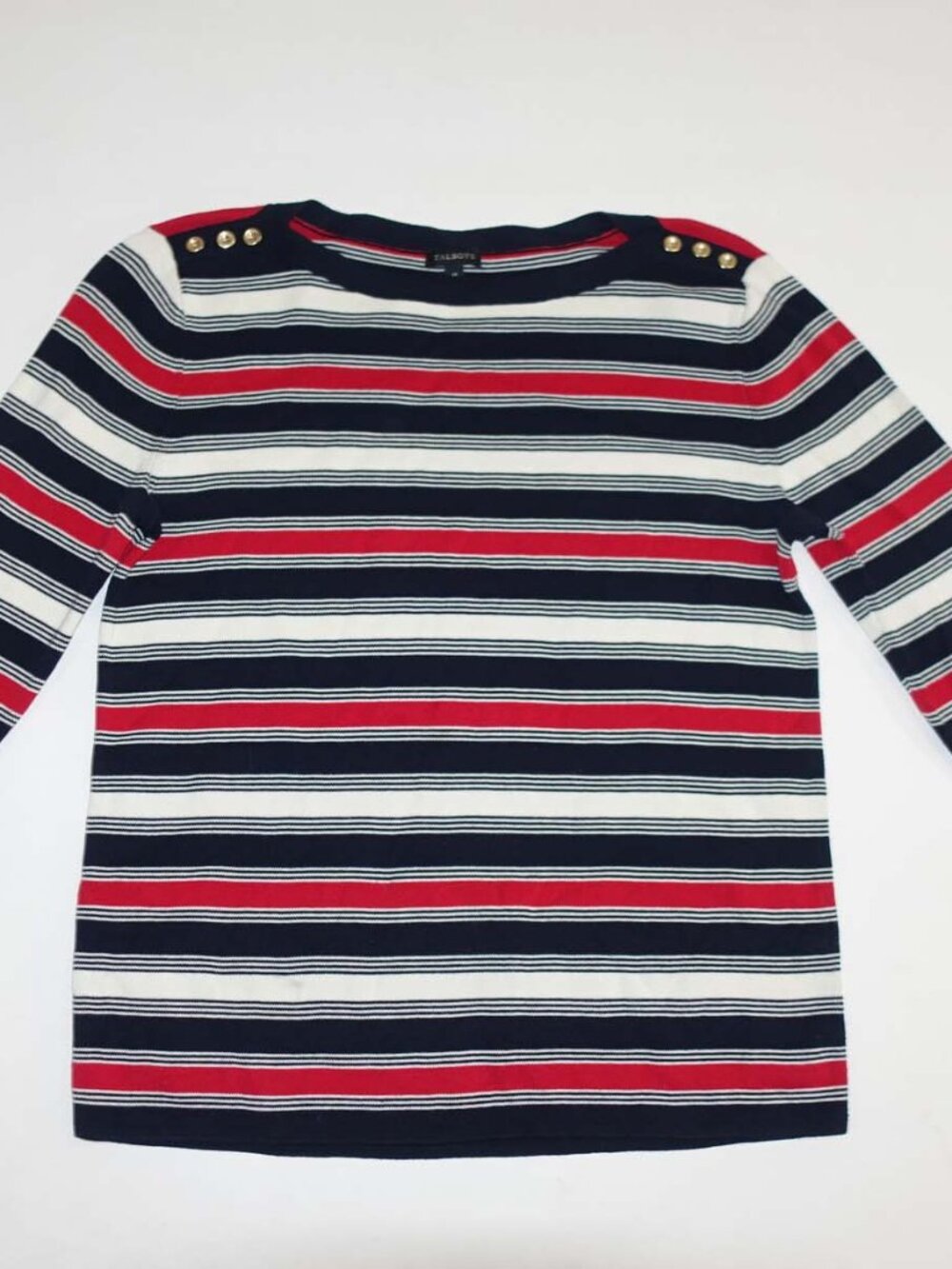 Talbots Women's Crewneck Sweater Medium 3/4 Sleeves Navy Blue White Red Striped